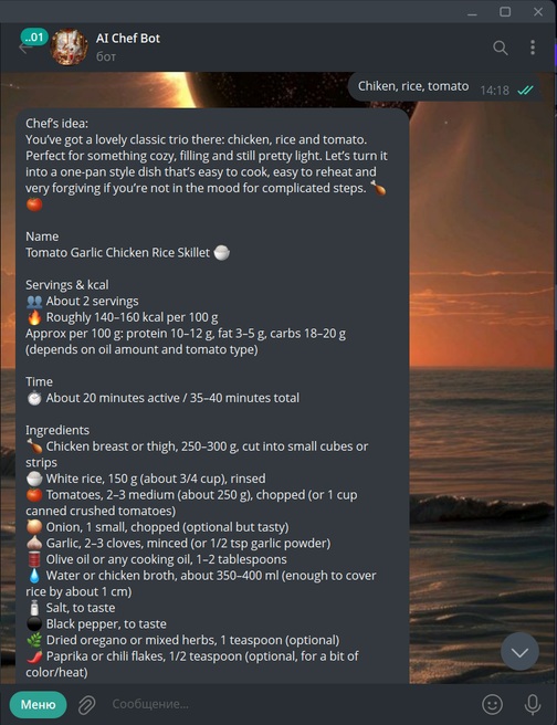 Chef-Bot – AI Food Assistant in Telegram: Recipes, Calories, Macros