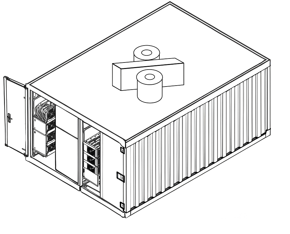 line-art illustration of manufacture container with percent and ASIC-miners inside