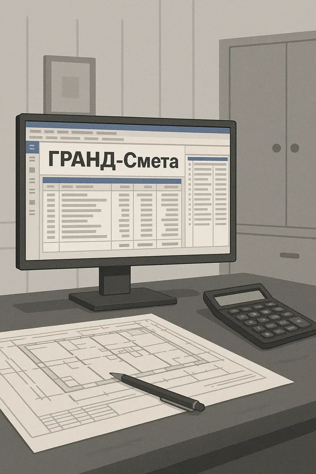 рабочее место инженера-сметчика с программой ГРАНД-смета и проектной документацией